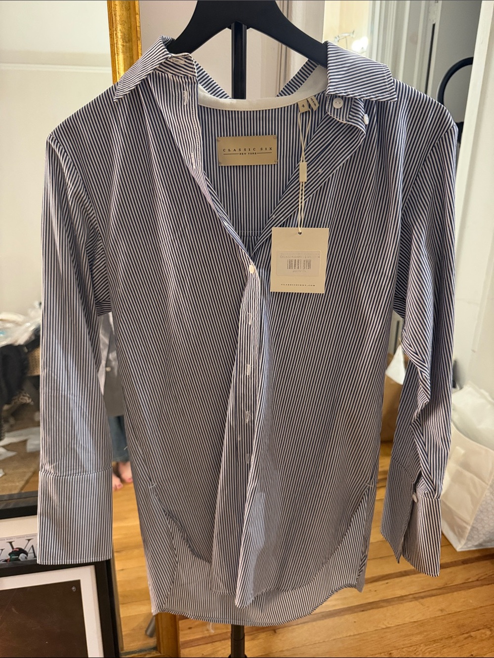 Classic Pinstripe Button-Down Shirt in Navy & White “Donna Button Down”